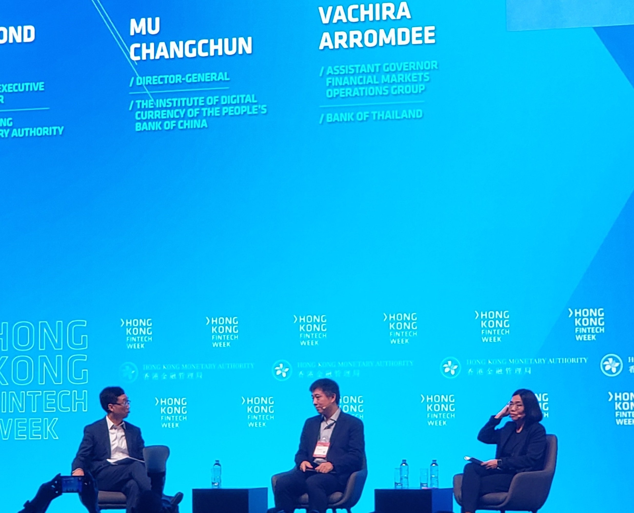From left: Edmond Lau, HKMA; Changchun Mu, PBOC; Vachira Arromdee, Bank of Thailand, speak at a Hong Kong Fintech Week panel